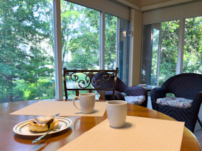 From the Sunroom of this Pointe Royale Branson condo you can enjoy the beauty of the backyard with your coffee and breakfast.